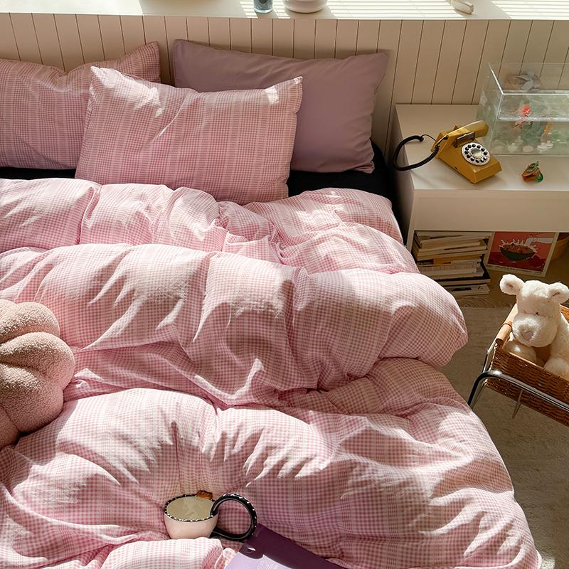 Korean Pink Grid Bedding Sets For Girls  New Flat Sheet Duvet Cover Set Pillowcase Bed Linen Queen Full Size Quilt Cover