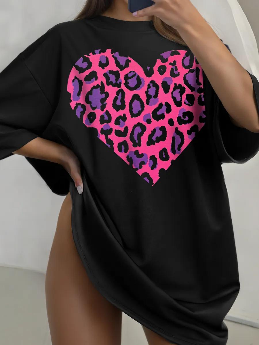 

Женские футболки с розовым леопардовым принтом в виде сердца, футболка из мягкого хлопка, Y2K, удобная, с коротким рукавом, на все случаи жизни, хип-хоп, женская одежда L