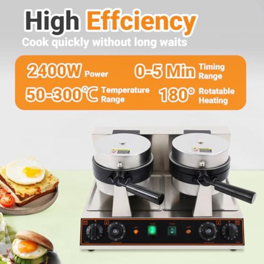 Commercial Electric Double-head Ice Cream Burger Machine 2400W 50-300 Temp Control Stainless Steel Waffle Sandwich Panini Press