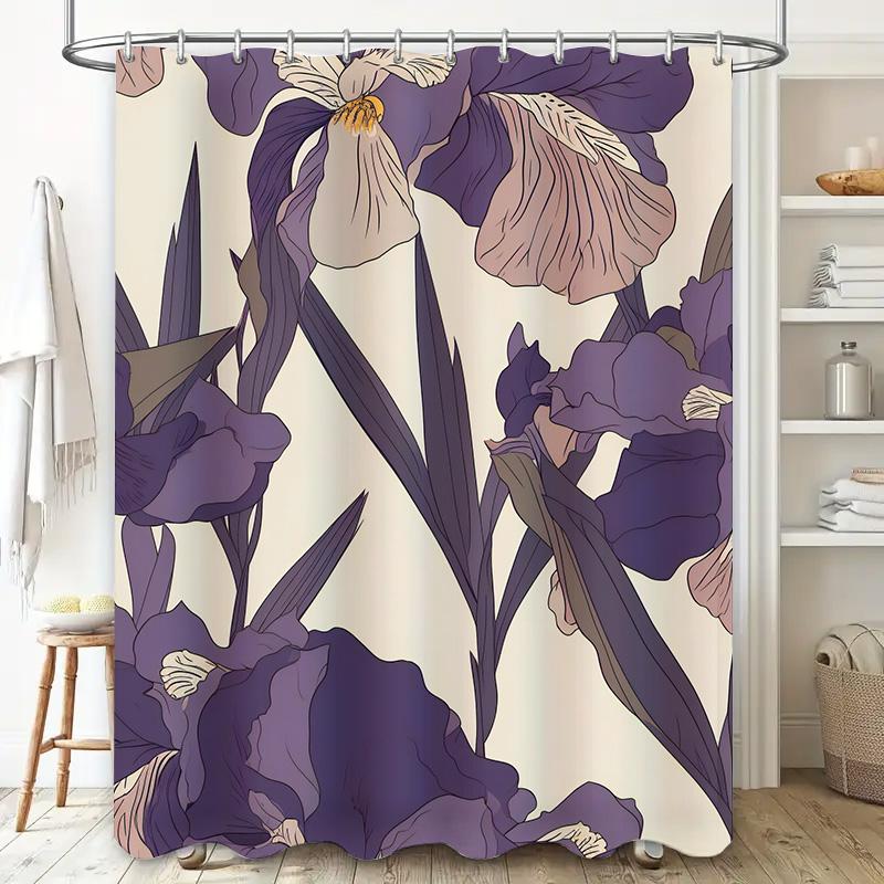 Elegant Floral Print Shower Curtain Waterproof Bathroom Decor Fabric Shower Closures Purple White