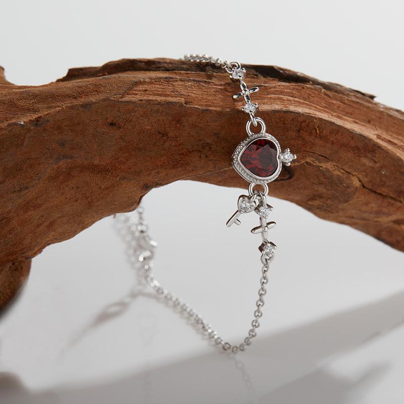 S925 Sterling Silver Inlaid With Natural Garnet Colored Treasure Topaz Love Lock Bracelet Women'S High-End Jewelry