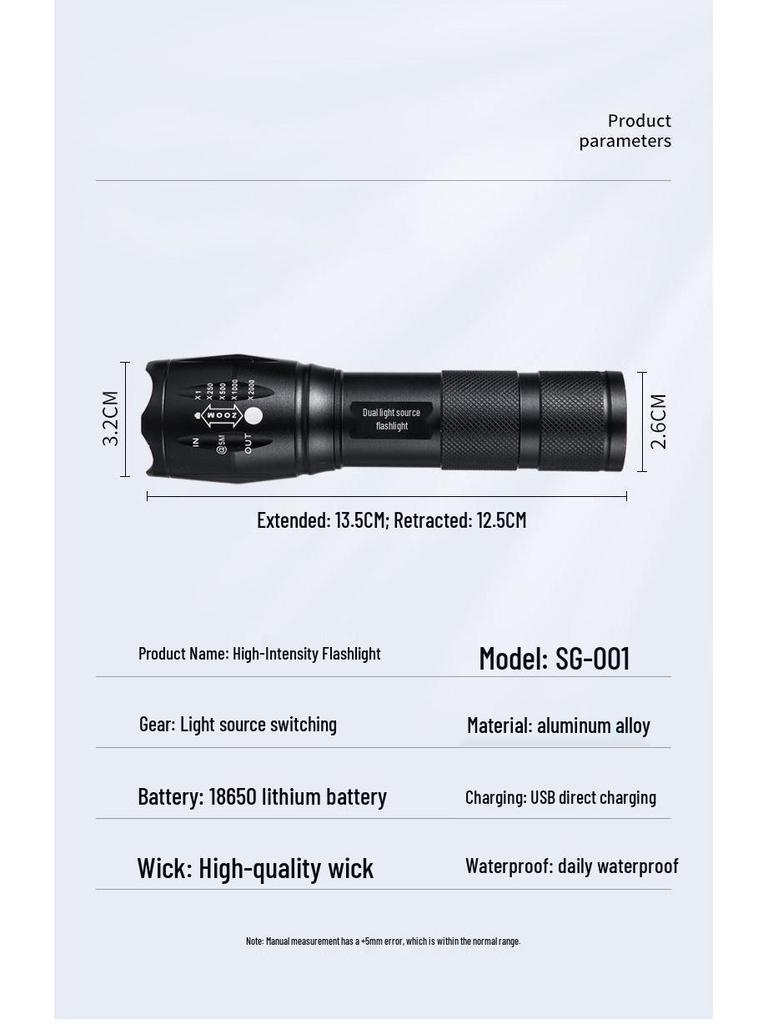 LED Multifunctional Flashlight - USB Rechargeable, Triple Light Source, Purple Identification, Aluminum Alloy, Night Fishing