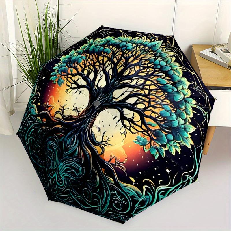1pc Tree of Life Automatic Folding Umbrella, 8-Rib Sturdy Canopy, Portable Travel Umbrella for Outdoor Use