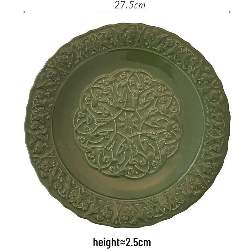 Green French Vintage Embossed Ceramic Dinner Plate