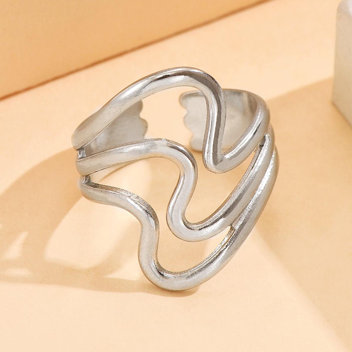 Exaggerated Geometric Hollow Line Open Stainless Steel Twisted Ring for Women