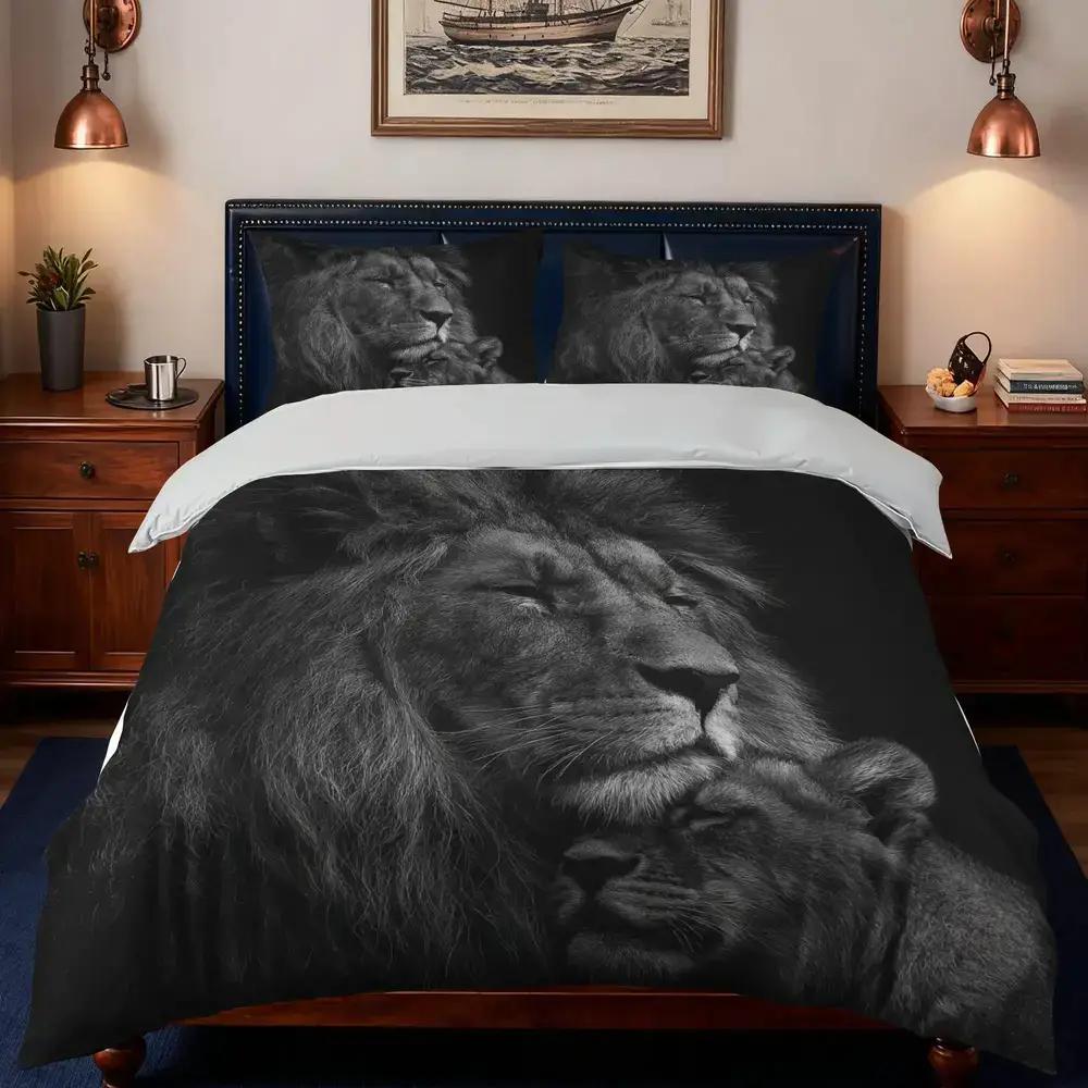 Majestic Black Lion In Artistic Style, Bold And Graceful 3D Print Duvet Cover Set, Luxury Animal Bedding For Bedroom Decor
