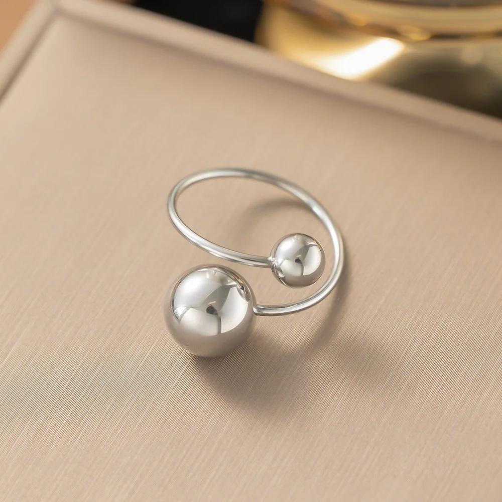No Fade Stainless Steel Adjustable Open Spheres Anillo Wrap Double Ball Around Ring For Women Asymmetrical Jewelry Accessory