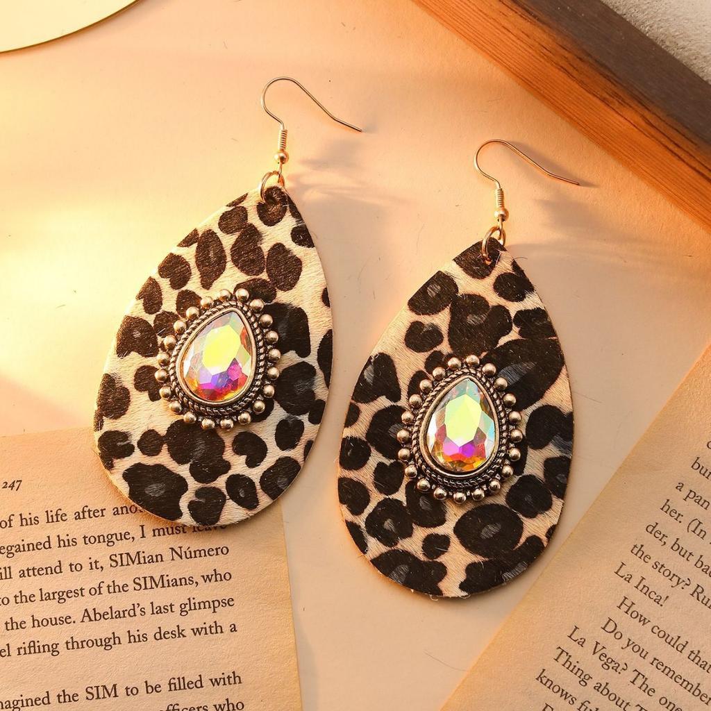 Exaggerated Metal Water Droplets Inlaid Turquoise Glass Earrings Leopard Exaggerated Personality Earrings Bohemian Retro Earrings