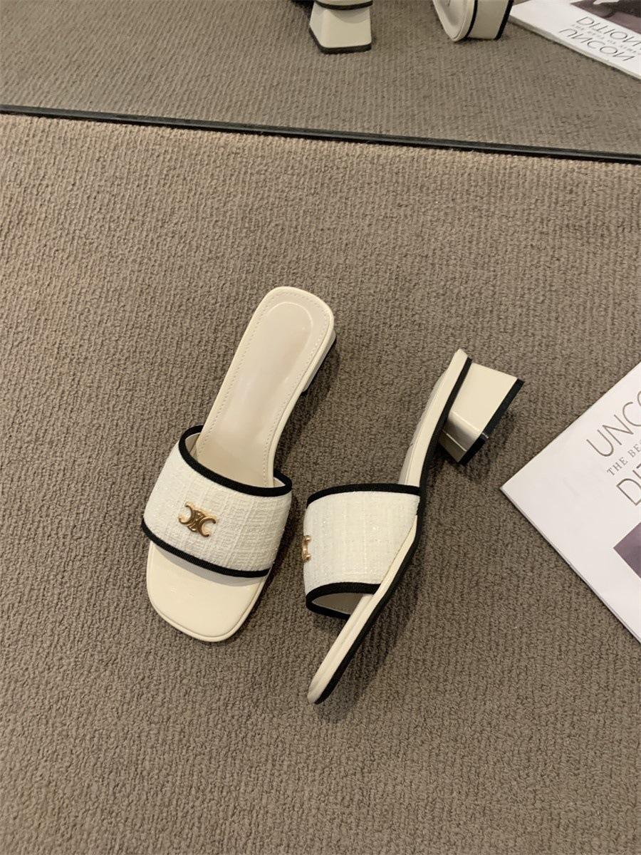 

2025 новий літній одяг однослівні шльопанці казкові туфлі квадратний носок товстий каблук з спідницею сандалі 40 бежевий