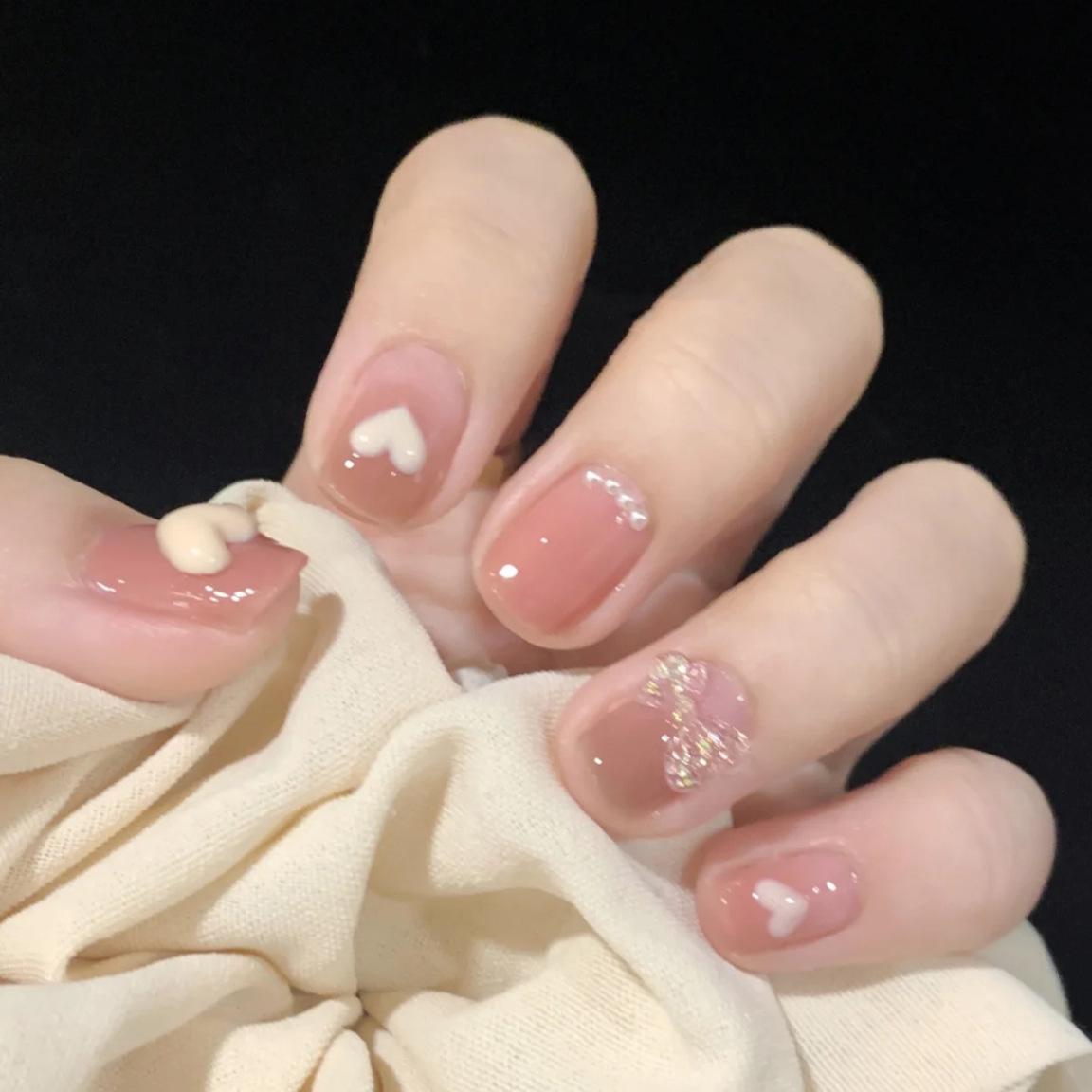 Yajiena - Gradient Heart Pearl Bow Fake Nails with Stickers N5085 Glue
