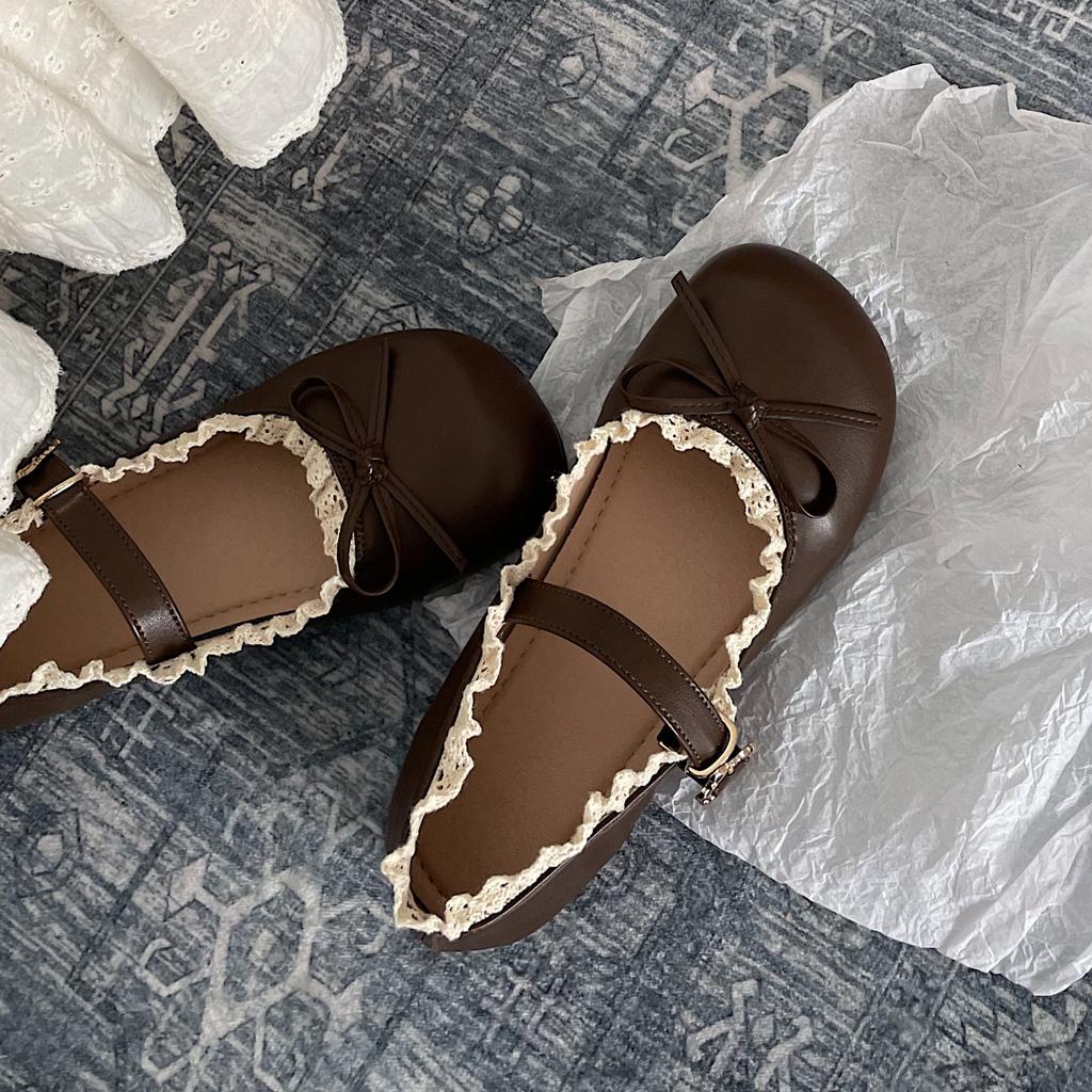 Women's Leather Shoes 2025 Spring Autumn Round Toe Vintage Fashion Bow-knot Flats Lightweight Comfortable Luxury Mary Jane Shoes