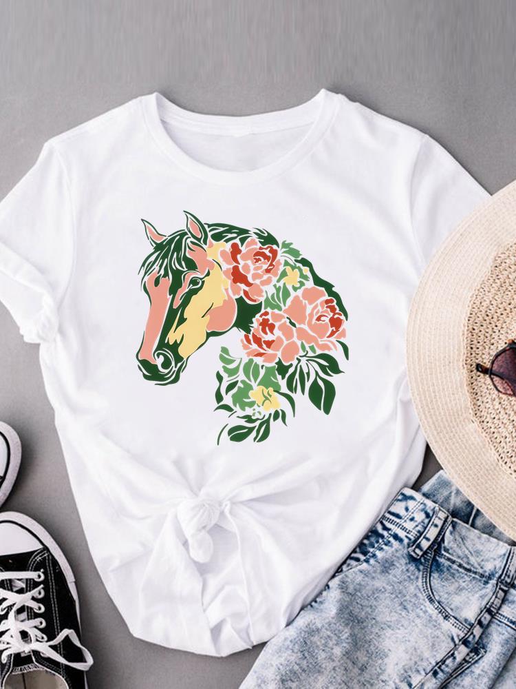 (Asian Size) Leopard Love Heart Women's Top Print O-neck Short Sleeve T-shirts Fashion Female Casual T Clothing Graphic Tee