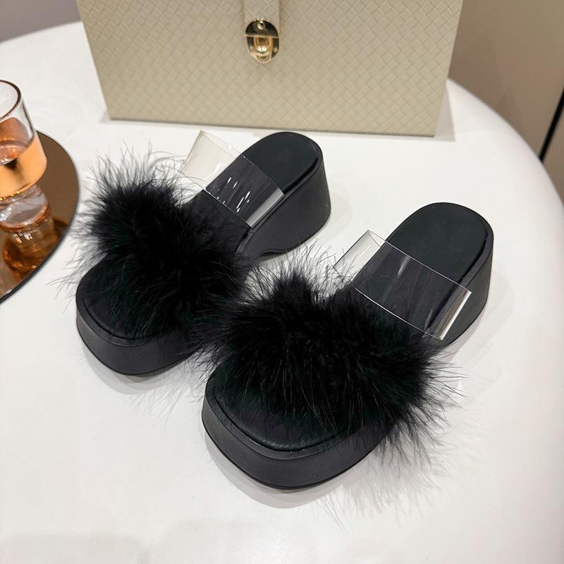 Papuci pufosi din piele intoarsa, foarte vanduti, 2024, briose noi, cu fund gros, cu toc inalt, blana artificiala, drag girl cu un singur cuvant