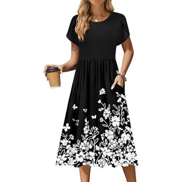 Maxi Dress Floral Women Long Sleeve Casual Loose Dress Round Neck Ethnic Style Floral Print Long Dresses
