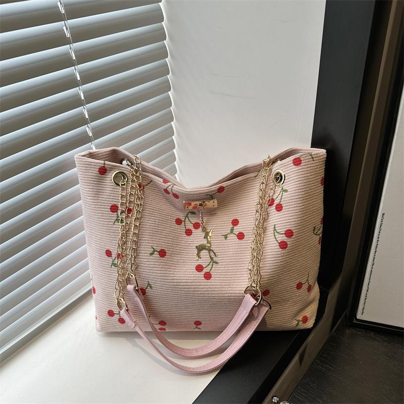 2025 Korean summer new large-capacity women's casual shoulder bag printed cherry small fresh literary tote bag