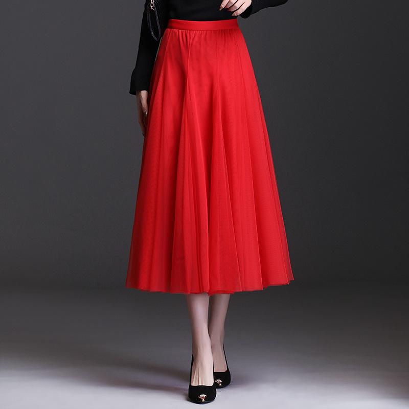 2025 High-Waist A-Line Mesh Skirt: Three-Layer Pleated Fairy Skirt for Spring & Autumn
