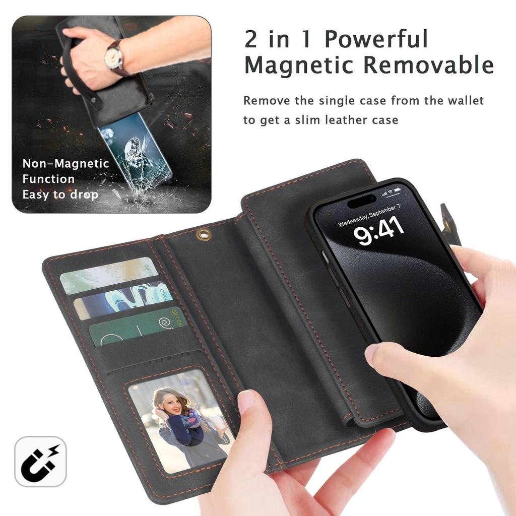 iPhone 16/15 Magnetic Leather Wallet Phone Case Cover