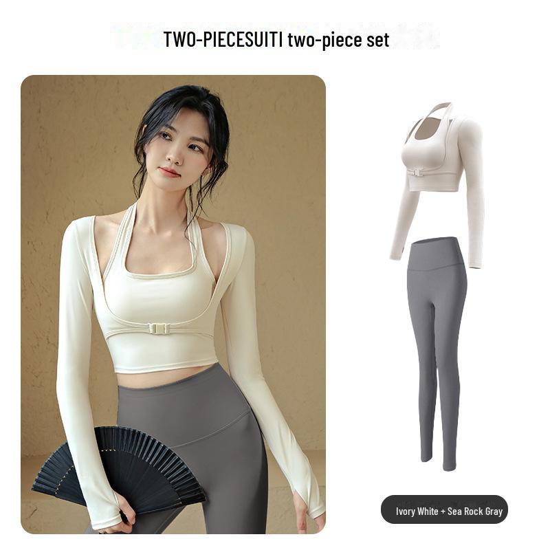 Spring Quick-Dry Running Fitness Suit: Two-Piece Long-Sleeve Yoga Top with Fixed Chest Pad