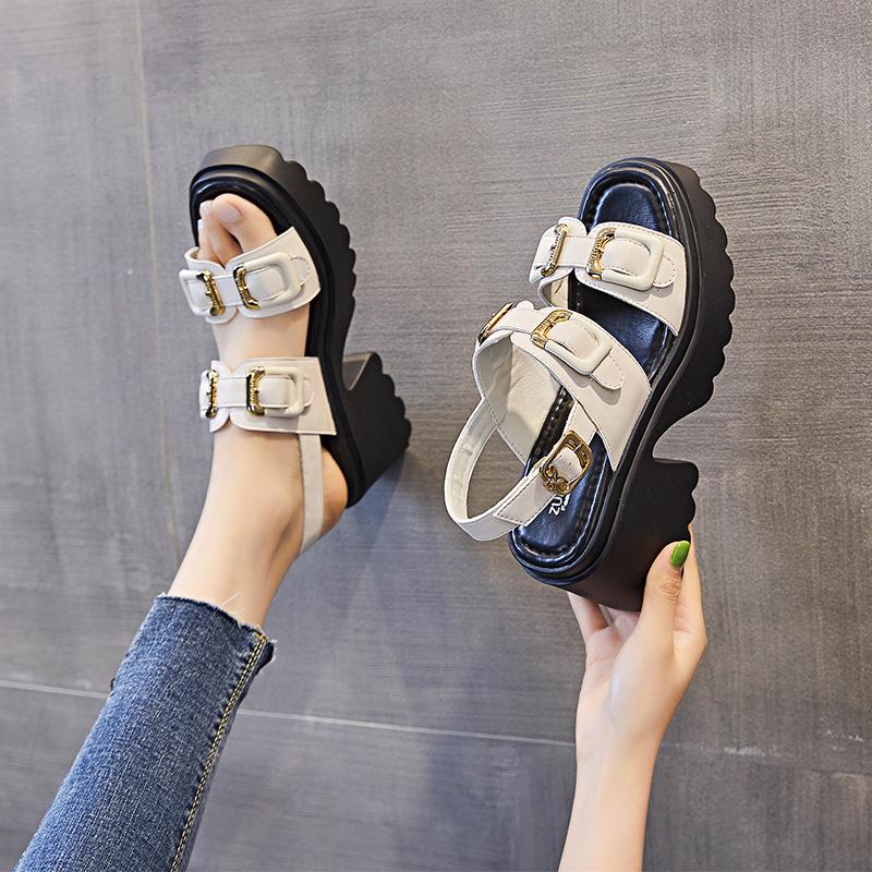 Fashion 7CM Genuine Leather Buckle Summer Sandals Slippers Luxury Platform Wedge Leisure Elegance Women Fashion Contoured Shoes