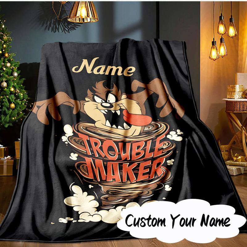 Custom Name Troublemaker Taz Devil Blanket  Ideal Bedding Blanket Perfect for Travel, Camping, Living Rooms, Offices, Sofas, Fan Christmas gift