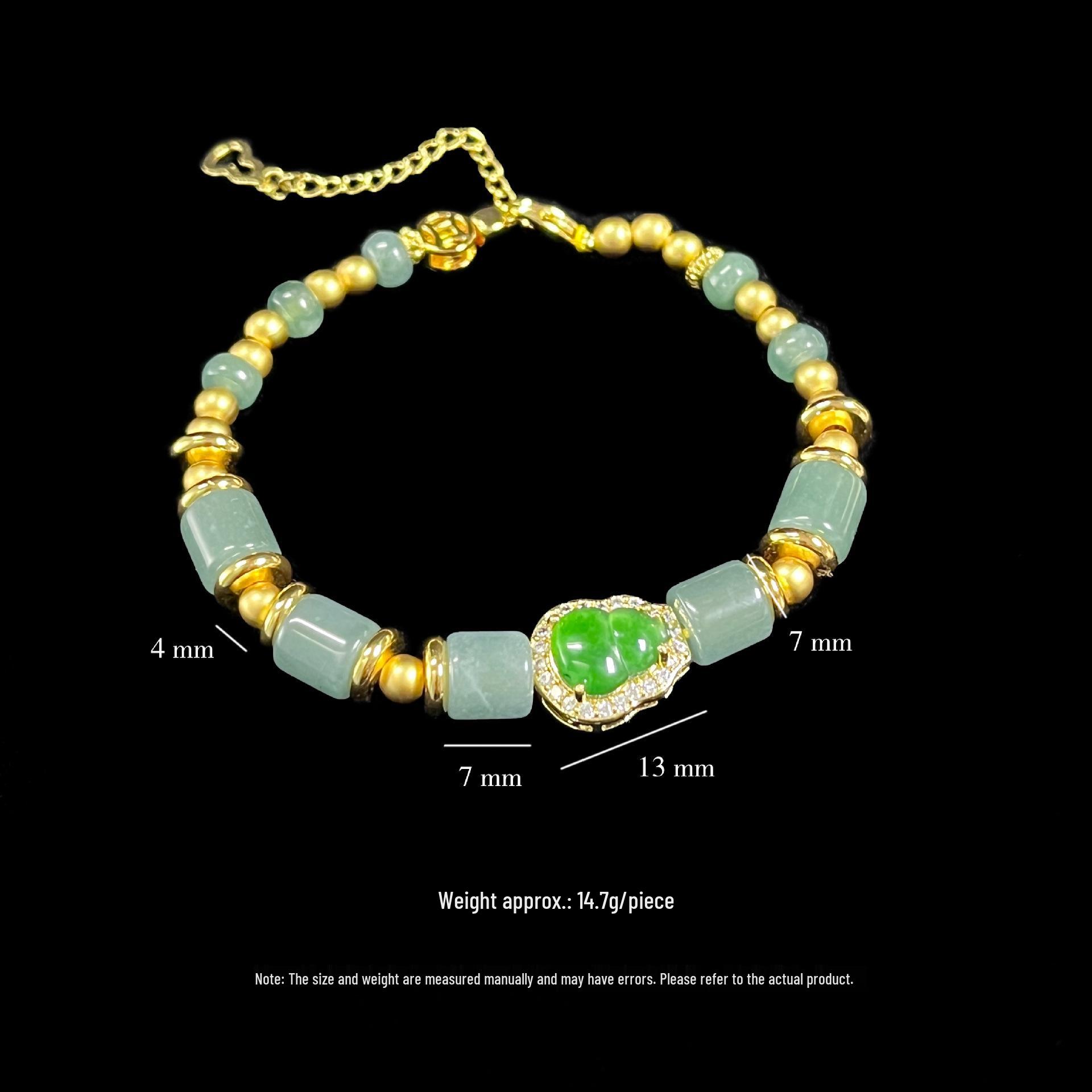 Exquisite Green Gourd Jade Bracelet - Chinese Style, Light Luxury, Gold-Plated Beads, Long-Lasting Color