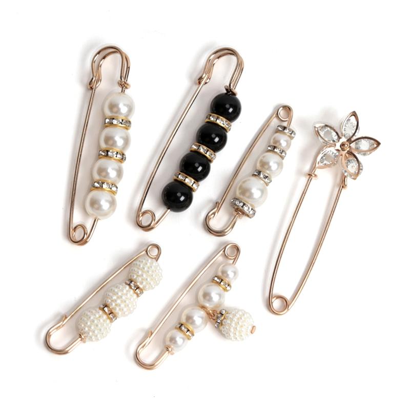 6 Pcs Set Women Fashion Pearl Brooch Waist Cinching Adjustable Skirt Anti-slip Metal Pin Fixed Clothes DIY Scarf Accessories