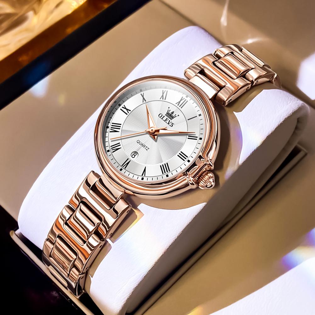 OLEVS Women Quartz Watch Fashion Rose Gold Stainless Steel Strap Waterproof Analog Wristwatch with Calendar Reloj Hombre