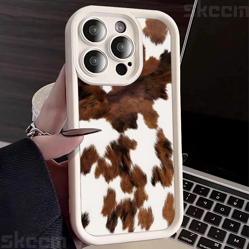 Custodia per Telefono con Fantasia Pelle di Mucca Marrone Vintage per iPhone 16 Pro Max 15 14 13 12 11 16E 7 8 Plus X XS XR Cover Morbida Antiurto Opaca