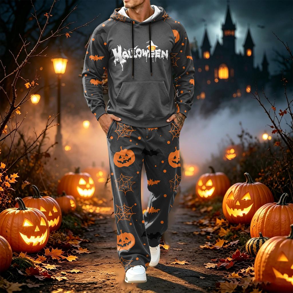 Men's Halloween Printed Hoodie and Sweatpants 2-Piece Set Long Sleeve Casual Outfit