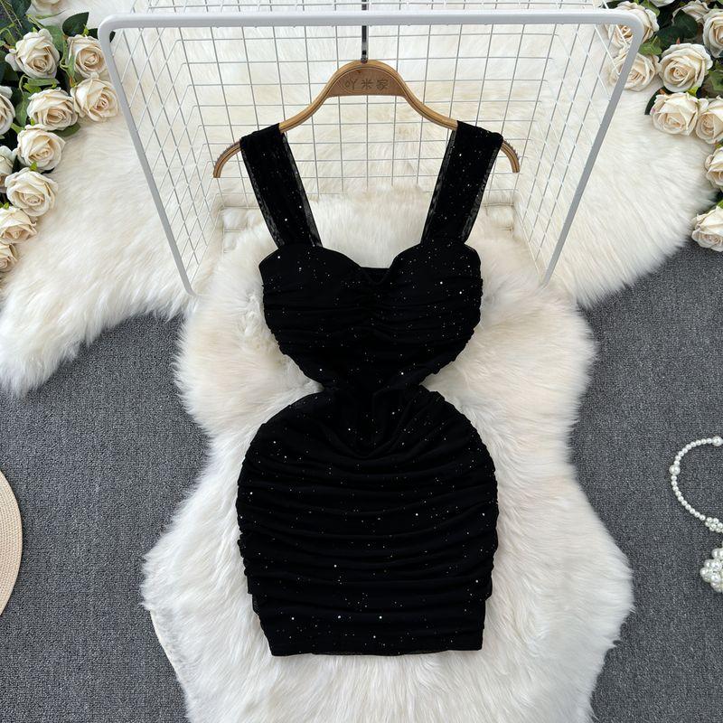 French Style Temperament Sexy Socialite Sling Dress Women's Clothing Summer Pleated Waist Tight Slim Looking Sheath Sexy Short Skirt