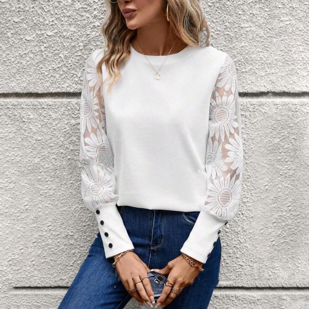 Elegante T-shirt de Renda Floral com Gola Redonda e Manga Comprida - Macia, Respirável e Confortável para Primavera e Outono