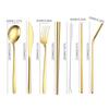 1set Silvery/Golden 304 Stainless Steel Straw Tableware Set Portable Knife Fork Chopsticks Straw and Brush