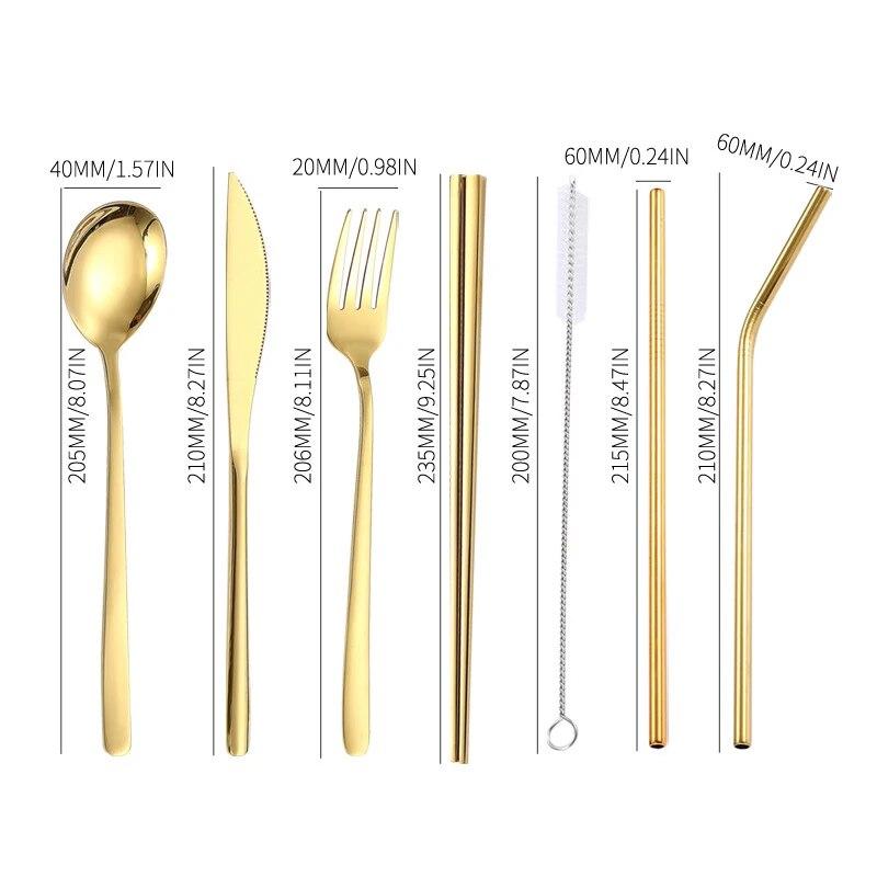 1set Silvery/Golden 304 Stainless Steel Straw Tableware Set Portable Knife Fork Chopsticks Straw and Brush