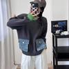 Autumn New Contrasting Color Design Sense Splicing Denim Pocket Knitted Sweater Top Loose Versatile Sweater Pullover Women
