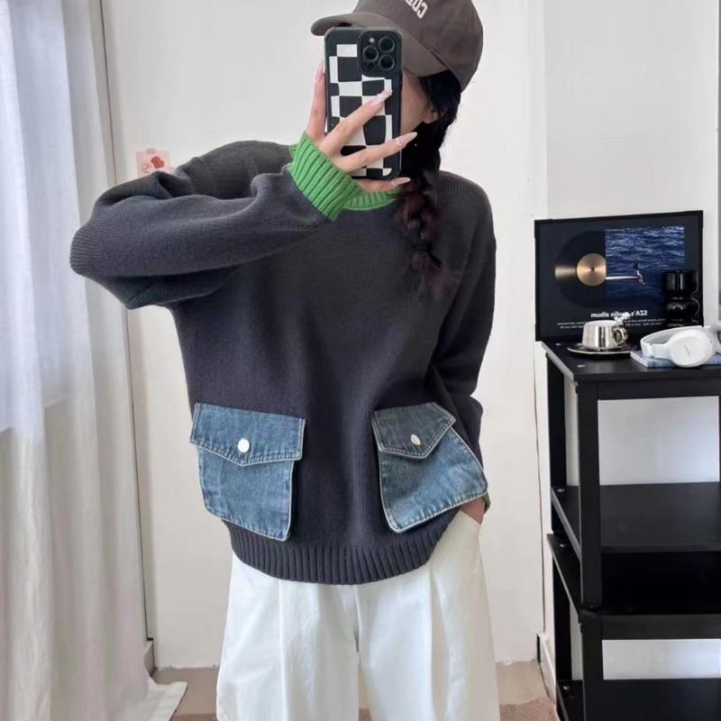 Autumn new contrasting color design sense splicing denim pocket knitted sweater top loose versatile sweater pullover women