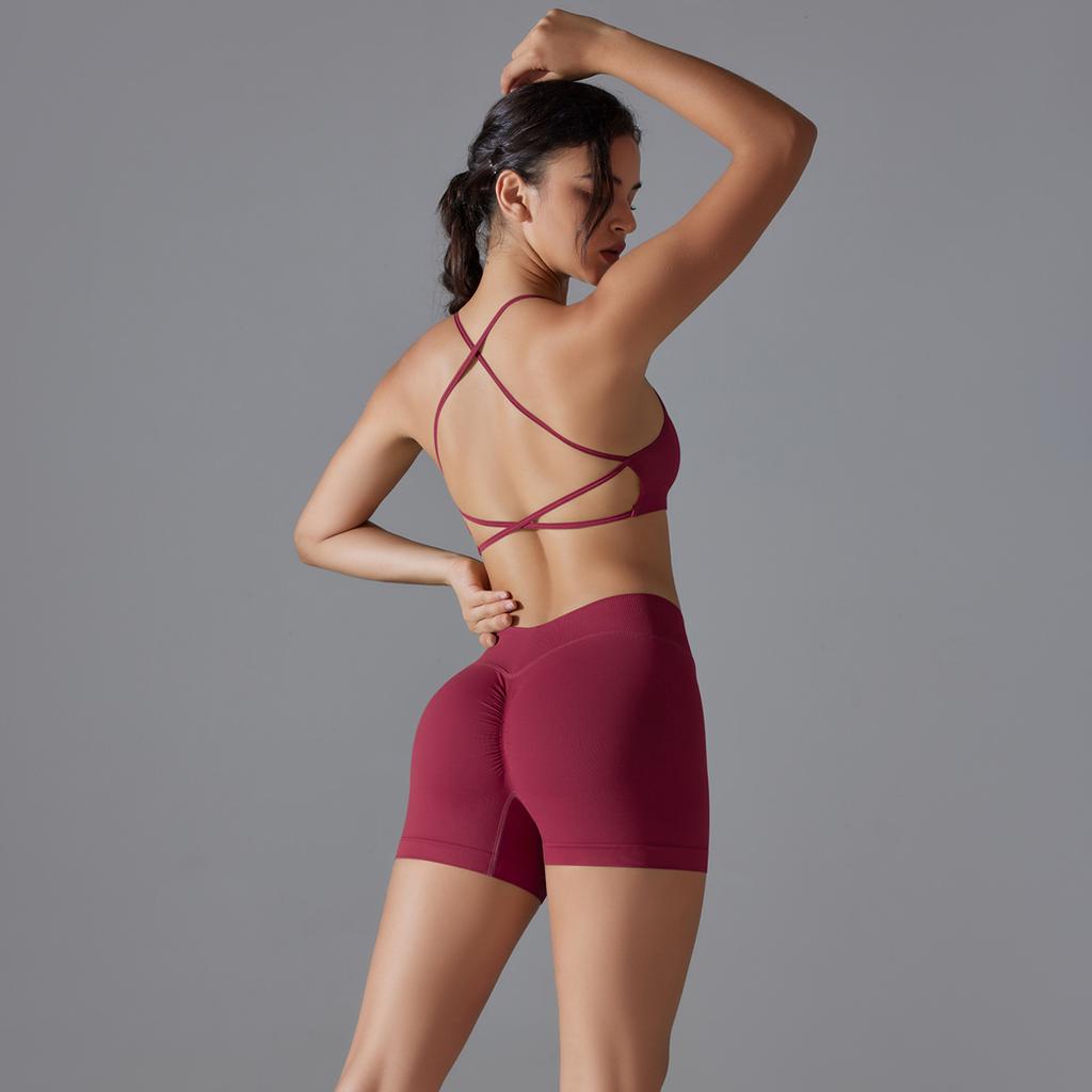 Seamless Solid Color Cross Beauty Back High Elastic Tight Sports Underwear Yoga Suit Running Fitness Two-piece Set