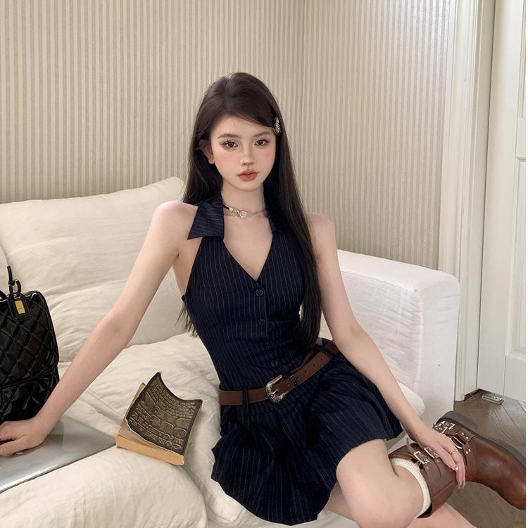Spice Girl Sleeveless V-neck Neck Striped Dress Women's Summer Pleated Skirt Backless Short Skirt Pure Desire Spice Girl a Word Skirt