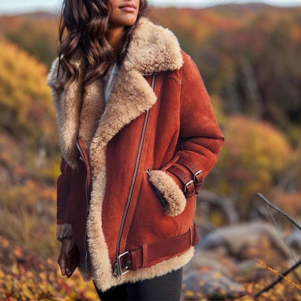 Damen Lammwolle Wildleder Motorradjacke mit Reversfell