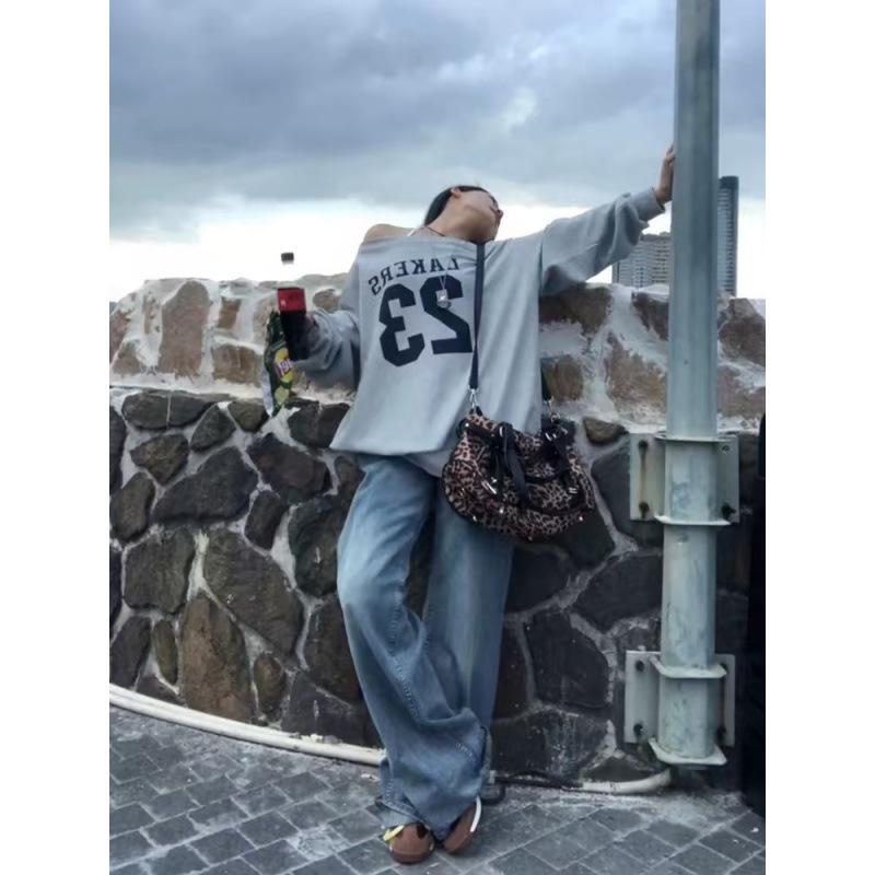 Damen Schräg-Schulter Langarm Retro T-Shirt - Frühling/Herbst 2025