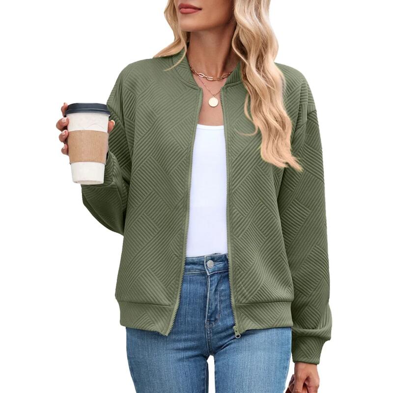 Women's Pure Color Zipper Long Sleeve Casual Jacket Baseball Style Autumn Winter New Arrival Fashion Outerwear Coat