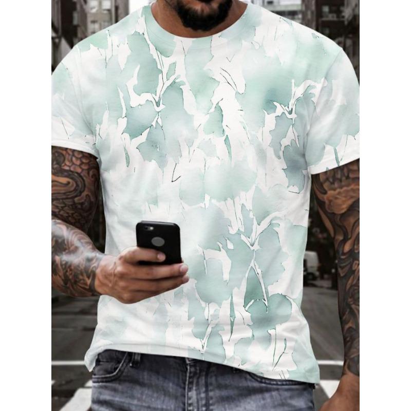 Men s Casual Round Neck Short Sleeve T-Shirt White and Light Green Watercolor Leaves and Branches Pattern T-Shirt S