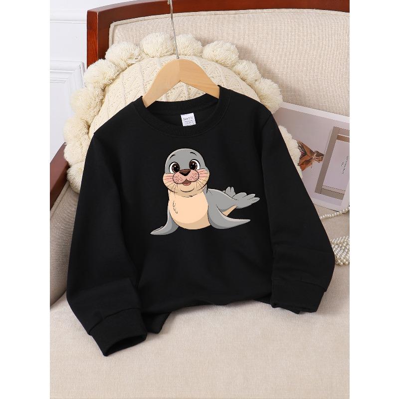Adorable Seal Cartoon Design on a Girls' Crewneck Sweatshirt, Suitable for Machine Washing