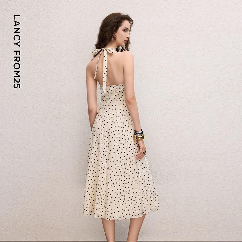 LANGZI 25 Mulberry Silk Polka Dot Halter V-Neck Sleeveless Maxi Dress
