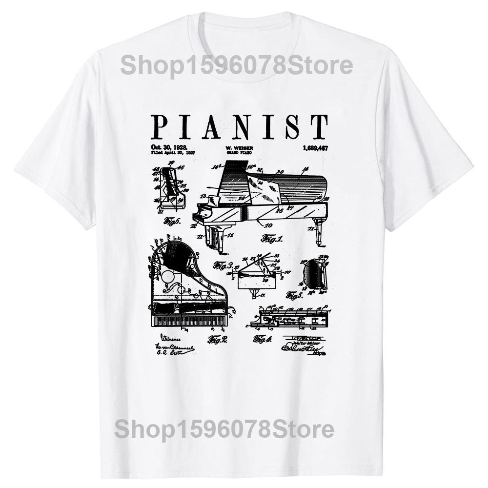 Grand Piano Old Vintage Patent Pianist Drawing T Shirts Summer Cotton Streetwear Short Sleeve Musical Instrument Gifts T-shirt