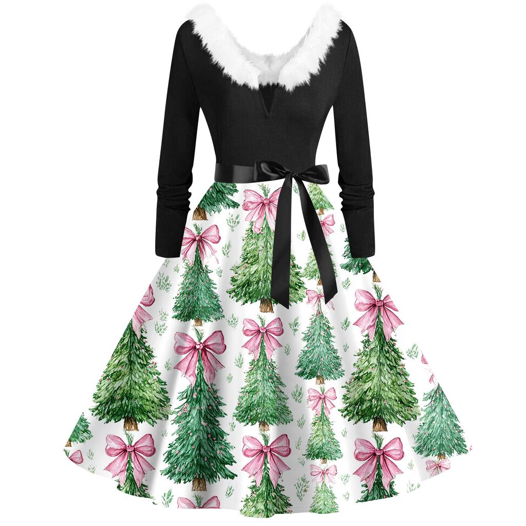 Women's Fashion V-Neck Casual Slim Christmas Printed Long Sleeve Hair Collar Dresses
