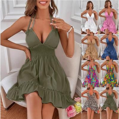 Yaz rahat ve çok yönlü yeni stil V yaka askılı askı ahşap kulak halter seksi elbise