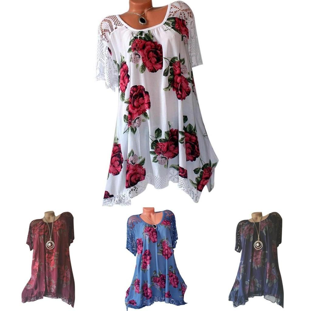 Damenmode Oversize Spitzen-Patchwork-Bluse mit elegantem Blumendruck Kurzararm