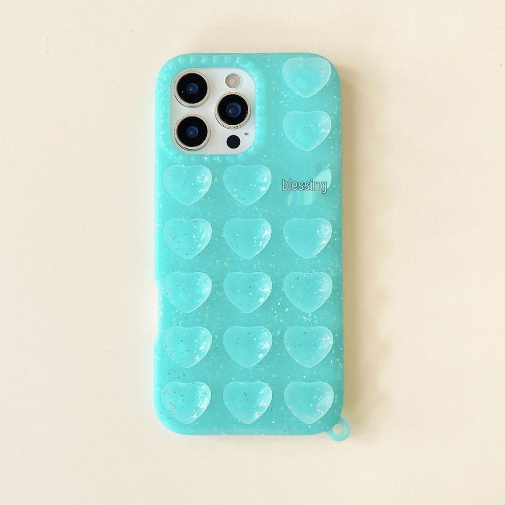 Heart-Shaped Glitter Phone Case with Suction Cup for Apple 17 PROMAX, Trendy 16ins Style 14PRO, Creative 15 Semi-Transparent