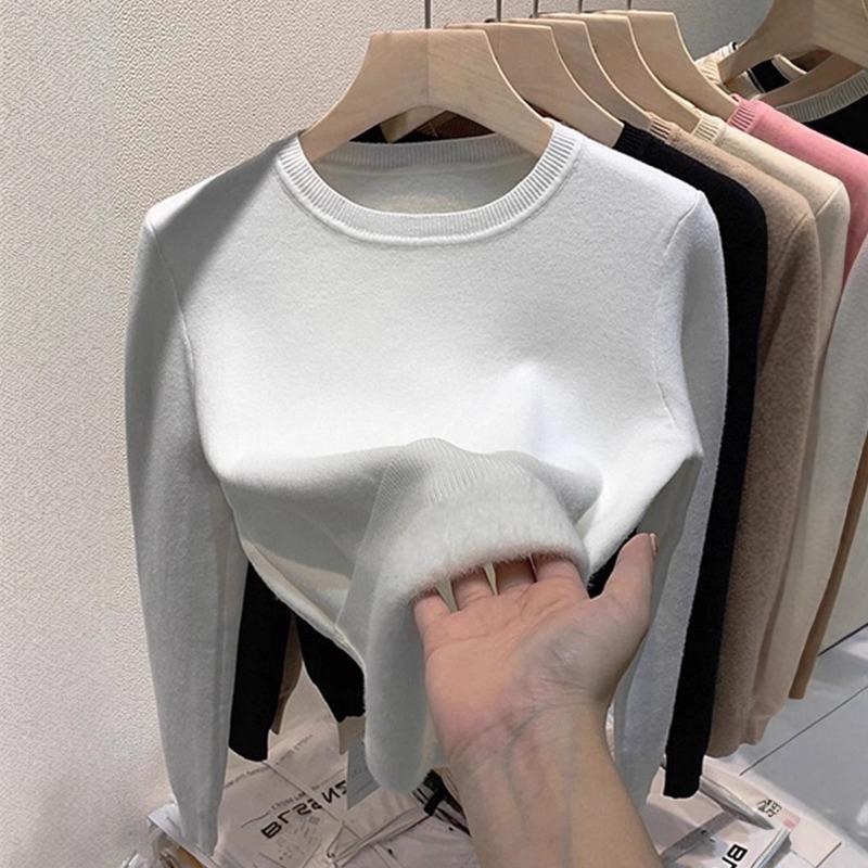 Warm and thickened integrated fleece sweater knitted sweater round neck lazy front shoulder design top new in autumn and winter