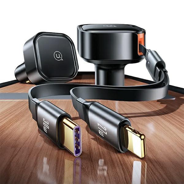 USAMS Car Charger with Retractable Cable 1xUSB-C + 1x Lightning C41 PD 30W Fast Charge Black/black CC219CC01 (US-CC219)